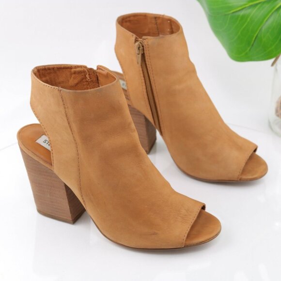 Steve Madden Womens Tulisa Boot Size 9 Tan Caramel Leather Open Toe Block Heel - Picture 2 of 12